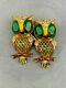 Vintage Coro Peg Duette 2 Owls SS with Gold Green Glass Eyes Rhinestones Brooch