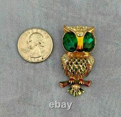 Vintage Coro Peg Duette 2 Owls SS with Gold Green Glass Eyes Rhinestones Brooch