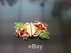 Vintage Coro Rhinestone Enamel Flower Floral Duette Pin Brooch Clips 1940 Rare