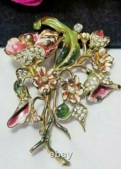 Vintage Coro Silver Pink Green Enamel Flower Rhinestone Perfume Brooch Pin