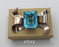 Vintage Coro Sterling Silver Vermeil Large Blue Topaz Rhinestone Bow Brooch Pin