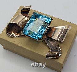 Vintage Coro Sterling Silver Vermeil Large Blue Topaz Rhinestone Bow Brooch Pin