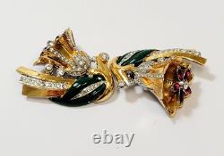 Vintage Coro Trembler Flowers Duette Dress Clips Green Enamel Rhinestones Brooch