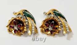 Vintage Coro Trembler Flowers Duette Dress Clips Green Enamel Rhinestones Brooch