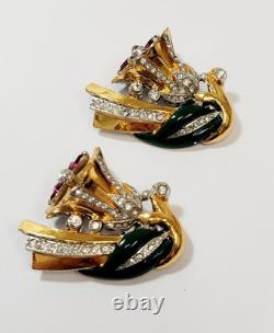 Vintage Coro Trembler Flowers Duette Dress Clips Green Enamel Rhinestones Brooch