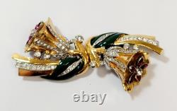 Vintage Coro Trembler Flowers Duette Dress Clips Green Enamel Rhinestones Brooch