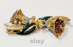 Vintage Coro Trembler Flowers Duette Dress Clips Green Enamel Rhinestones Brooch