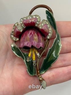 Vintage Coro Unsigned Enamel Pot Metal Rhinestone Flower Brooch Pin READ