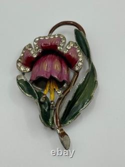 Vintage Coro Unsigned Enamel Pot Metal Rhinestone Flower Brooch Pin READ