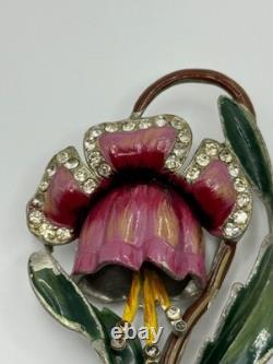 Vintage Coro Unsigned Enamel Pot Metal Rhinestone Flower Brooch Pin READ