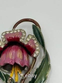 Vintage Coro Unsigned Enamel Pot Metal Rhinestone Flower Brooch Pin READ