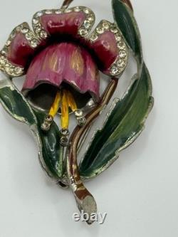Vintage Coro Unsigned Enamel Pot Metal Rhinestone Flower Brooch Pin READ