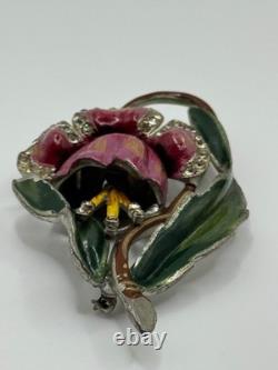 Vintage Coro Unsigned Enamel Pot Metal Rhinestone Flower Brooch Pin READ