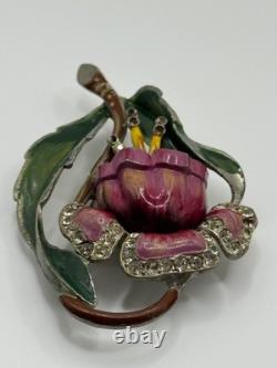 Vintage Coro Unsigned Enamel Pot Metal Rhinestone Flower Brooch Pin READ