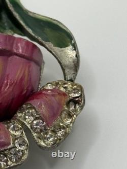 Vintage Coro Unsigned Enamel Pot Metal Rhinestone Flower Brooch Pin READ