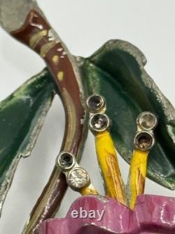 Vintage Coro Unsigned Enamel Pot Metal Rhinestone Flower Brooch Pin READ