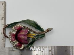 Vintage Coro Unsigned Enamel Pot Metal Rhinestone Flower Brooch Pin READ