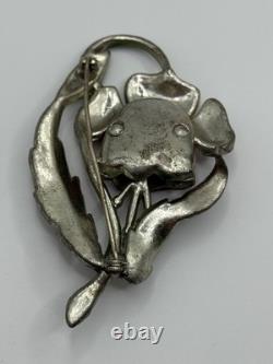 Vintage Coro Unsigned Enamel Pot Metal Rhinestone Flower Brooch Pin READ