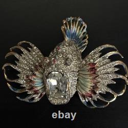 Vintage CoroCraft Sterling Enamel Rhinestone Fish Brooch Large Figural Pin