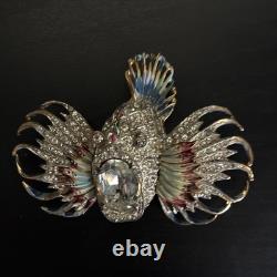 Vintage CoroCraft Sterling Enamel Rhinestone Fish Brooch Large Figural Pin