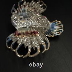 Vintage CoroCraft Sterling Enamel Rhinestone Fish Brooch Large Figural Pin