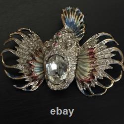 Vintage CoroCraft Sterling Enamel Rhinestone Fish Brooch Large Figural Pin