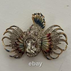 Vintage CoroCraft Sterling Enamel Rhinestone Fish Brooch Large Figural Pin