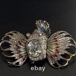 Vintage CoroCraft Sterling Enamel Rhinestone Fish Brooch Large Figural Pin