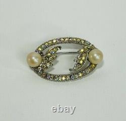 Vintage Costume Jewelry Brooch Pin Gold Tone Rhinestones Pearl