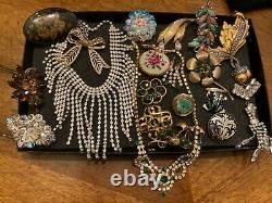 Vintage Costume Jewelry Lot- Rhinestone Necklaces, Brooches- 20 Pieces