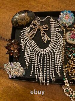 Vintage Costume Jewelry Lot- Rhinestone Necklaces, Brooches- 20 Pieces