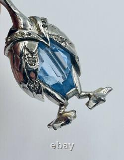 Vintage Costume Rhodium Plated Rhinestone Blue Glass Jelly Belly Brooch Pin