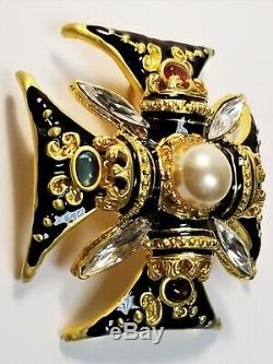 Vintage Couture Gripoix Glass Moghul Black Enamel Maltese Cross Pendant / Brooch