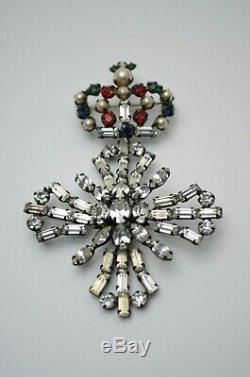 Vintage Cross & Crown heraldic brooch pin, Schreiner jewelry 1950s
