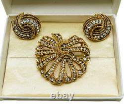 Vintage Crown Over T Trifari Gold Tone Glass Rhinestone Brooch Earring Set withBox