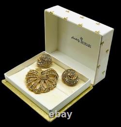 Vintage Crown Over T Trifari Gold Tone Glass Rhinestone Brooch Earring Set withBox