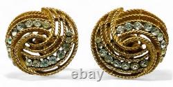 Vintage Crown Over T Trifari Gold Tone Glass Rhinestone Brooch Earring Set withBox