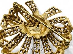 Vintage Crown Over T Trifari Gold Tone Glass Rhinestone Brooch Earring Set withBox