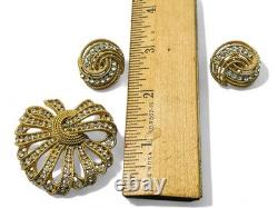 Vintage Crown Over T Trifari Gold Tone Glass Rhinestone Brooch Earring Set withBox