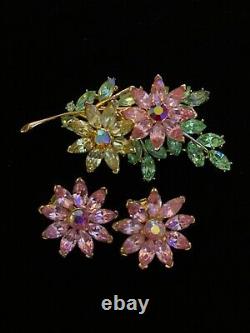 Vintage Crown TRIFARI Pastel Rhinestone Flower Pin Brooch Earring Set
