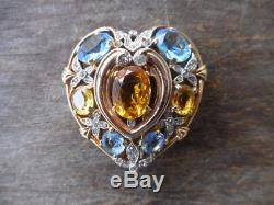 Vintage Crown Trifari Blue & Citrine Rhinestone Heart Pin Brooch Fur Clip