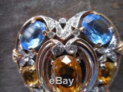 Vintage Crown Trifari Blue & Citrine Rhinestone Heart Pin Brooch Fur Clip