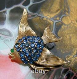 Vintage Crown Trifari Blue Rhinestone Fish Brooch Green Glass Eyes