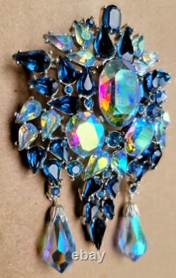 Vintage Crown Trifari Blue Rhinestone Pin Brooch Large and GORGEOUS RARE