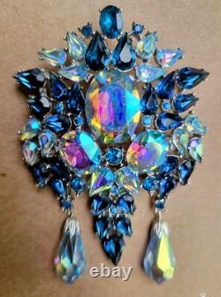 Vintage Crown Trifari Blue Rhinestone Pin Brooch Large and GORGEOUS RARE