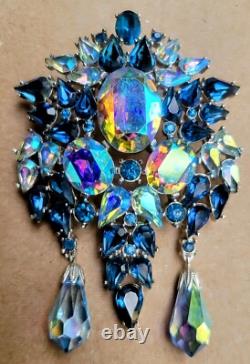 Vintage Crown Trifari Blue Rhinestone Pin Brooch Large and GORGEOUS RARE