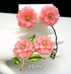 Vintage Crown Trifari Brooch Earring Set Pink Plastic Flowers Enamel Orig Tag