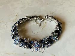 Vintage Crown Trifari Brooch, Earrings & Bracelet Set With Sapphire Blue & AB
