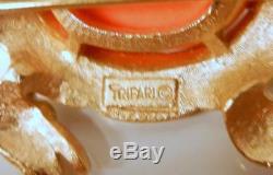 Vintage Crown Trifari Cabochon Faux Coral Rhinestone TURTLE Pin Brooch Rare