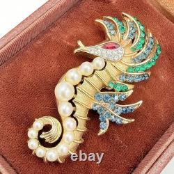 Vintage Crown Trifari Faux Pearl Rhinestone Figural Seahorse Gold Plated Brooch